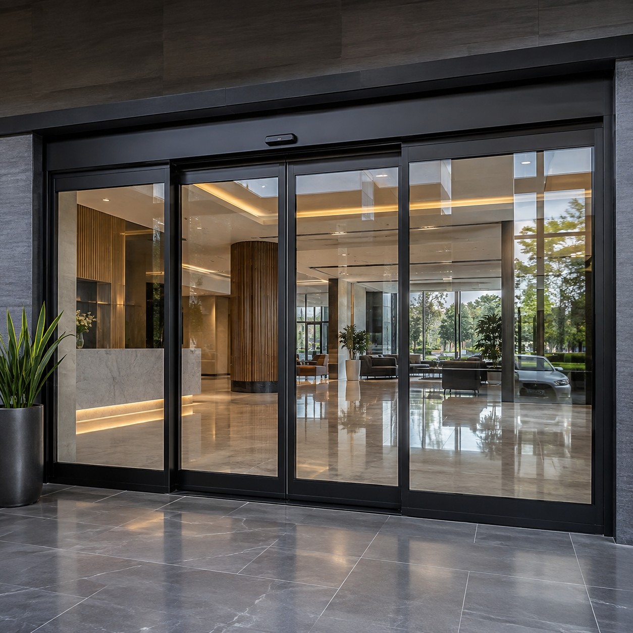 Glass curtain wall building facade